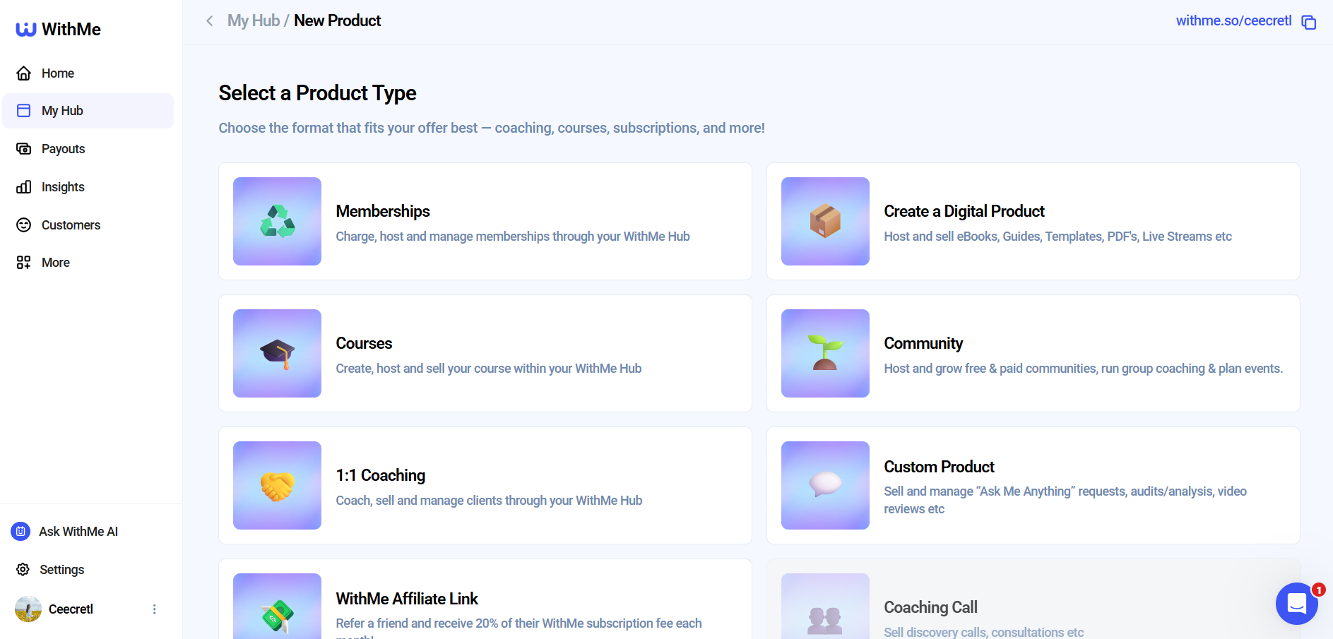 Screenshot of WithMe product creation page showing options like Memberships, Courses, Digital Product, and Coaching.