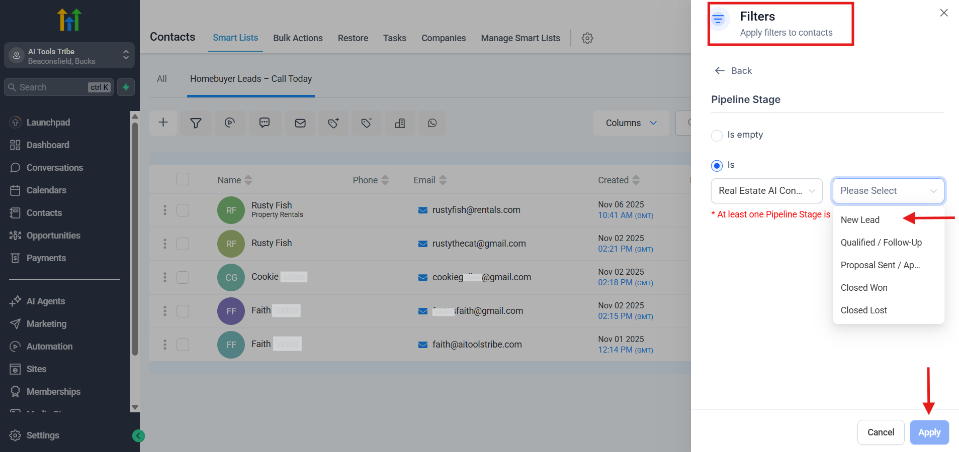 GoHighLevel Smart List filter setup showing how to filter contacts by pipeline stage before saving as a Smart List.