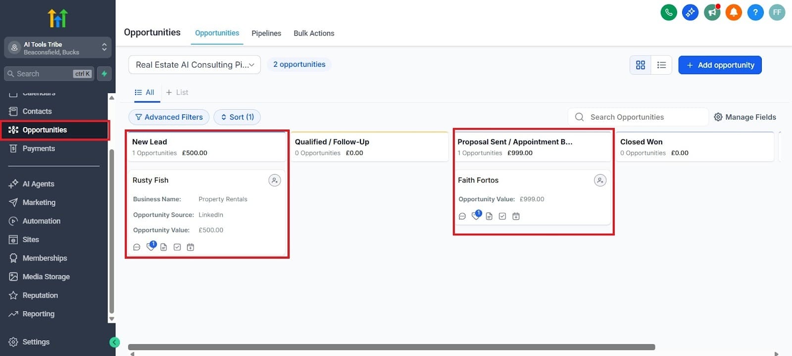GHL Opportunities tab showing client contact cards organized and highlighted across different sales pipeline stages.