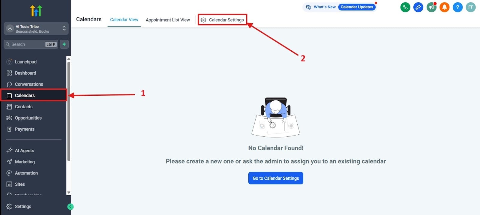 Screenshot of the GoHighLevel (GHL) Calendars page showing the main menu link 'Calendars' (1) and the top tab 'Calendar Settings' (2), indicating where to begin creating a new calendar.