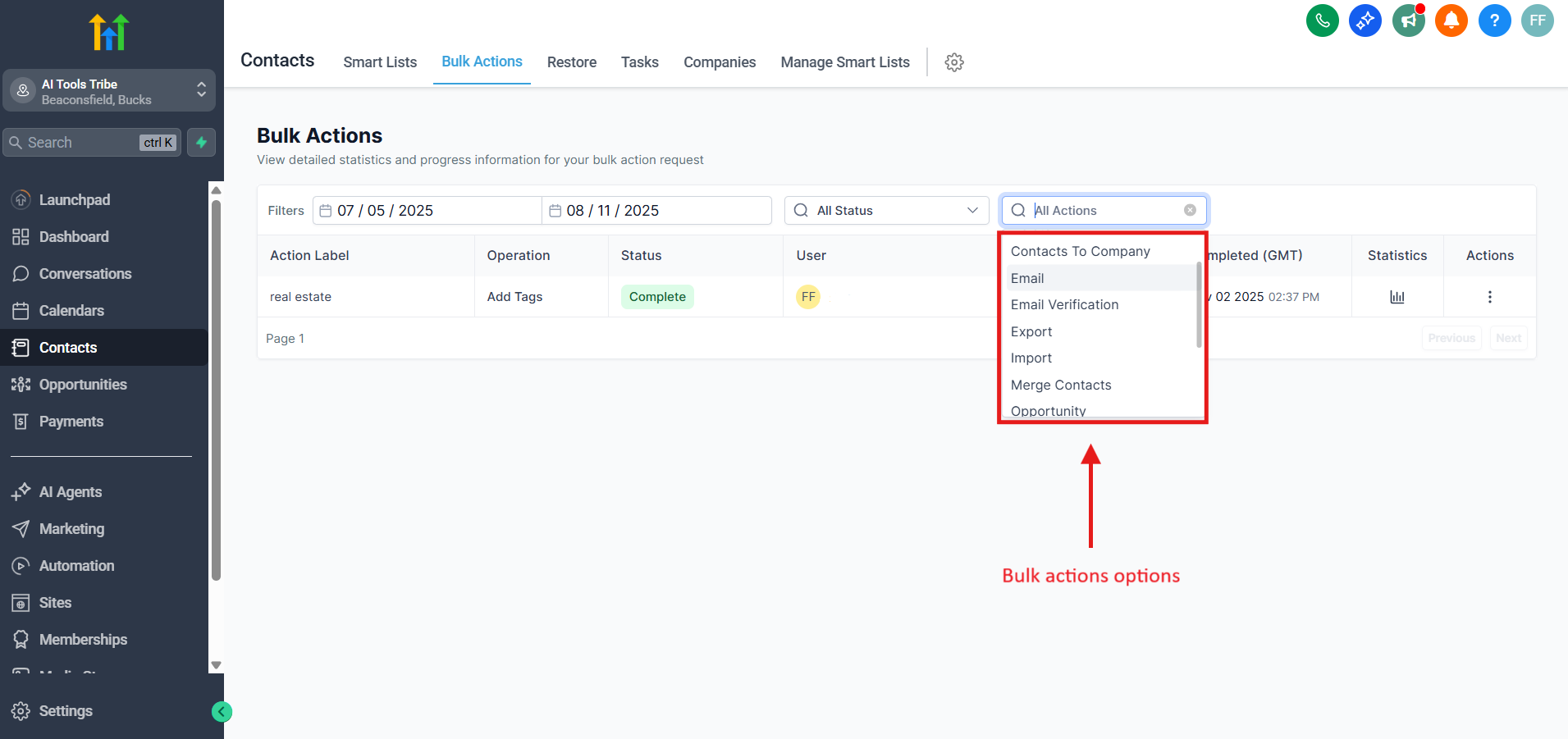 Quickly tag, email, or update multiple real estate leads using Bulk Actions.