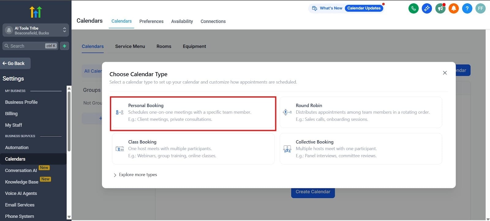 Screenshot of the 'Choose Calendar Type' modal in GHL, with the 'Personal Booking' option highlighted in red, indicating the selection for one-on-one meetings.