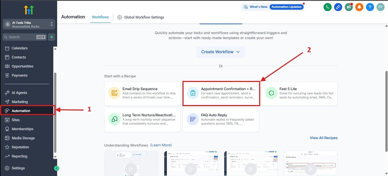 Screenshot of the GHL Automation section, highlighting the 'Automation' menu item (1) and the 'Appointment Confirmation + R...' recipe card (2).