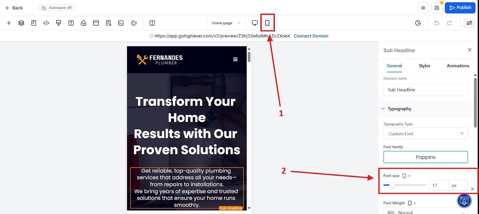 The image here highlights what a mobile view looks like and how to change the font size.