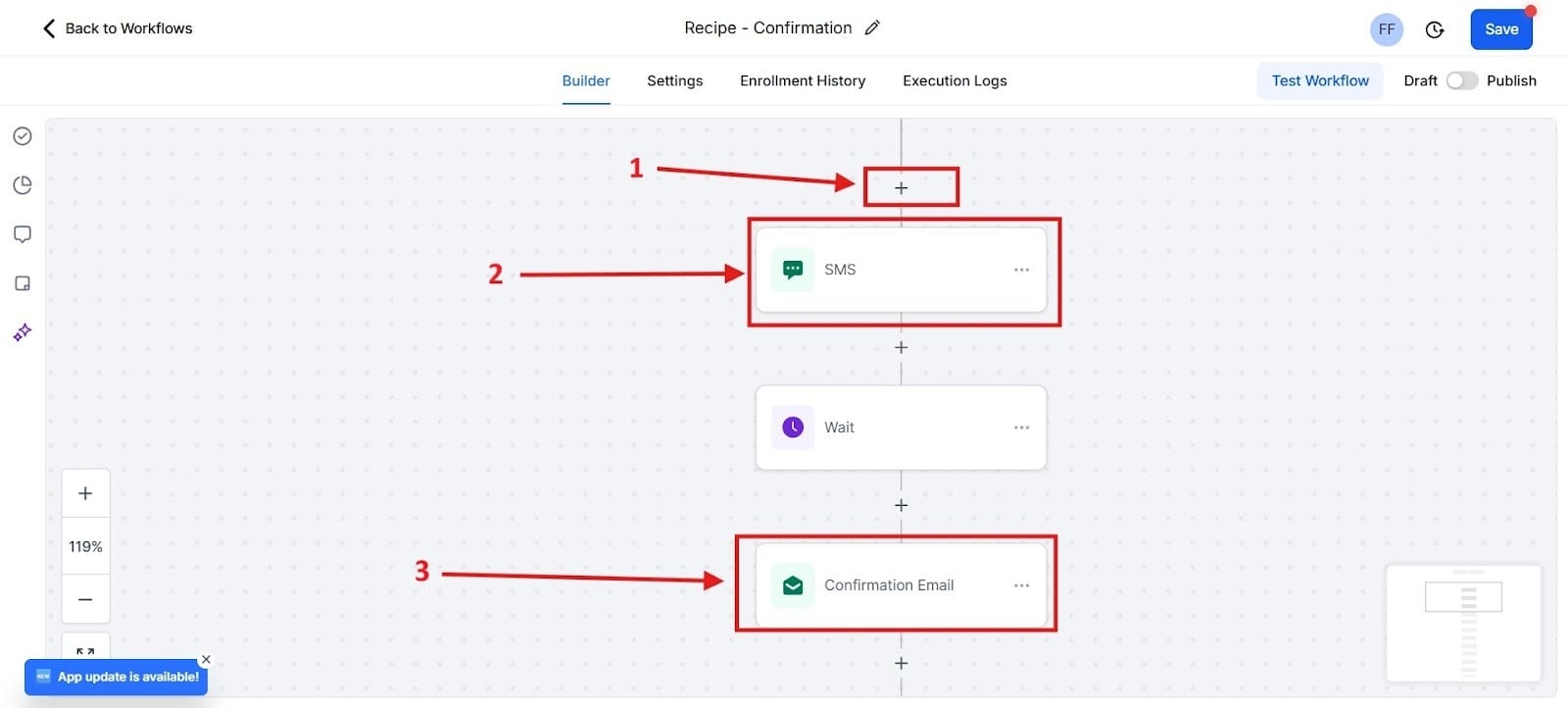 With the image, you see how you would set up different actions along the Workflow sequence.