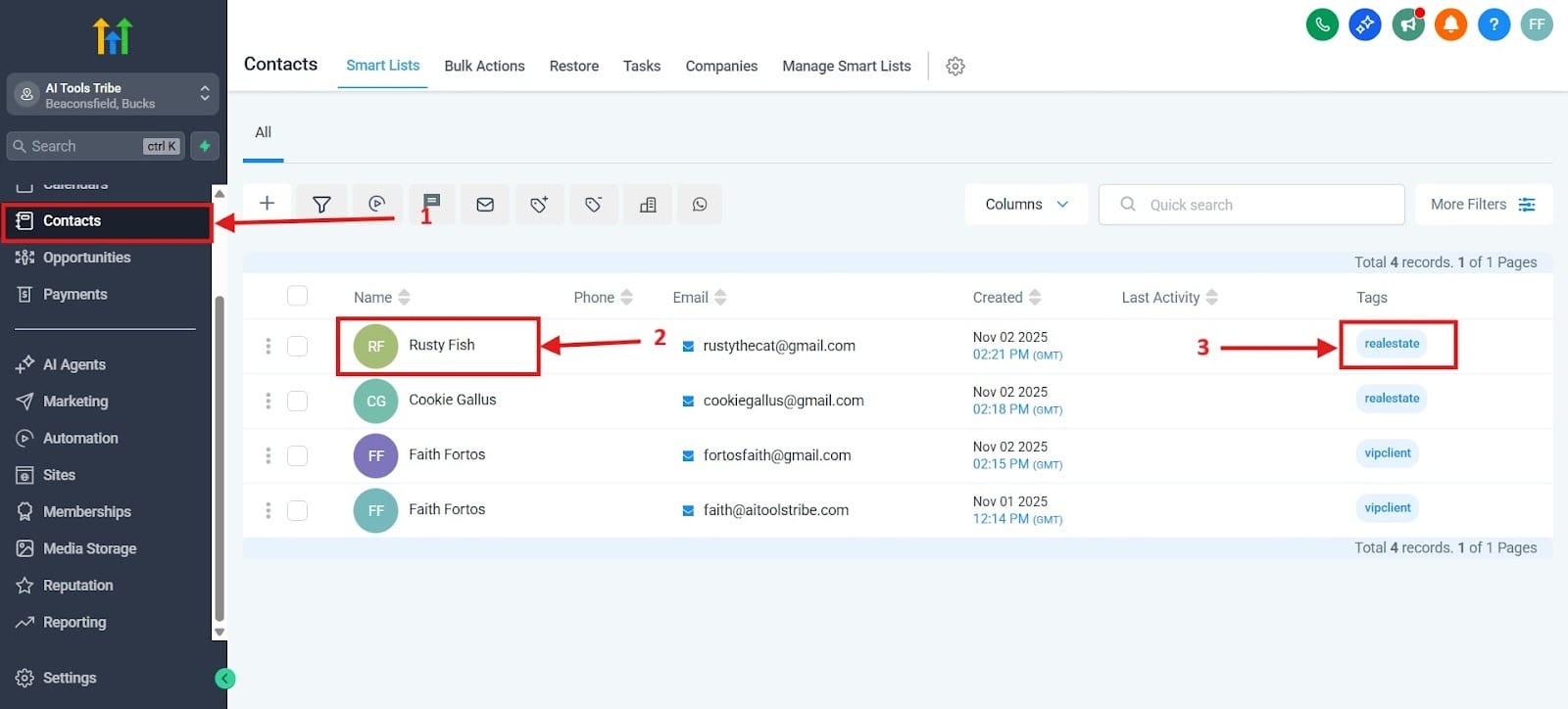This image shows you the steps to take, the contacts and the tags added.