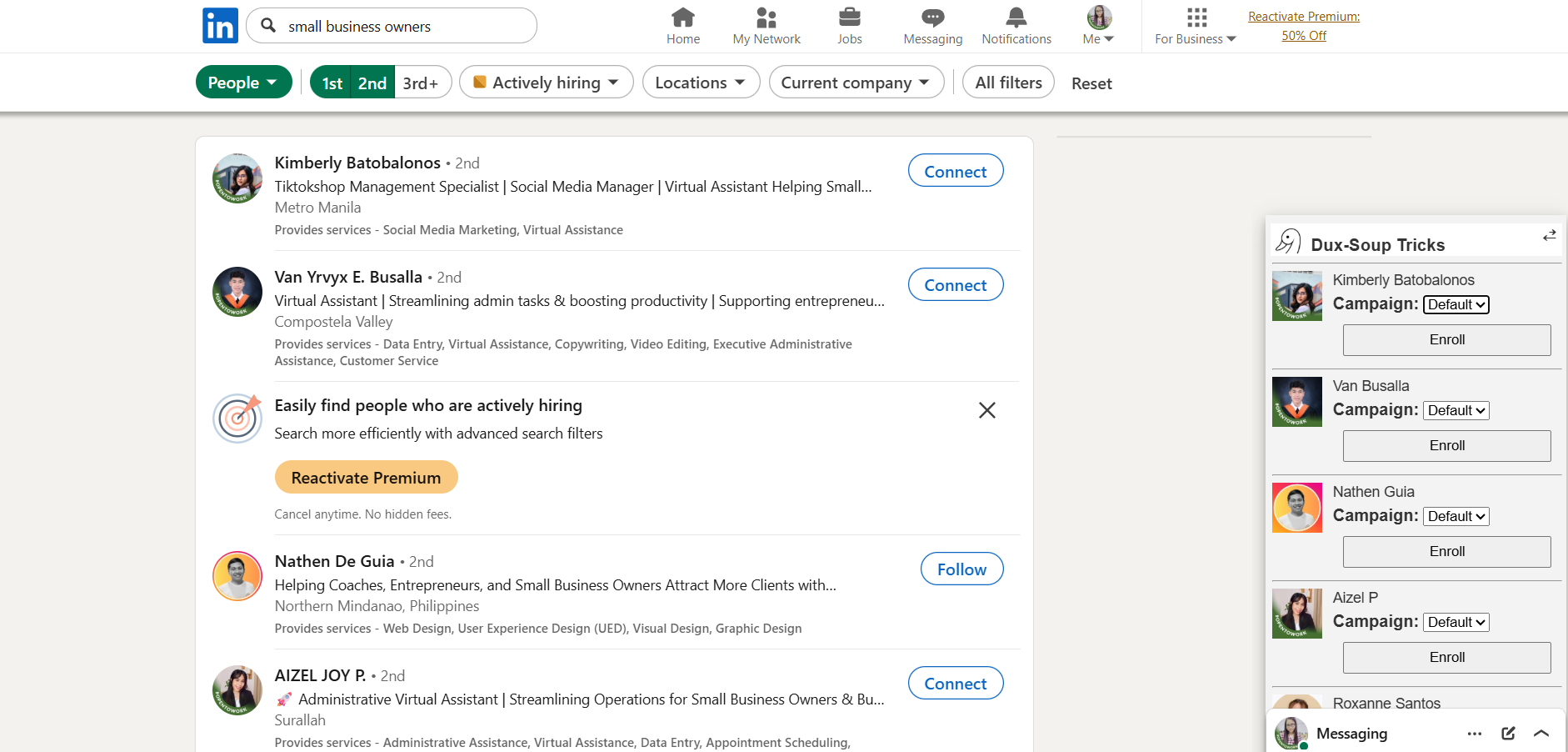LinkedIn search results for “small business owners” (2nd-degree connections shown) with Dux-Soup Tricks panel open on the right.