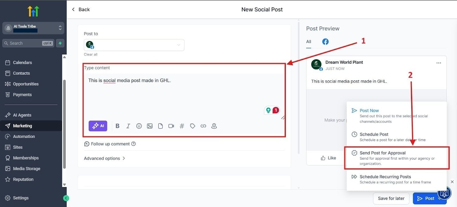 You can use the image found here to learn how to send the post for approval.