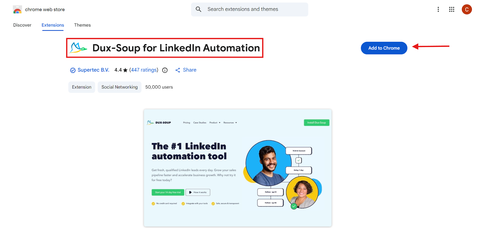 Chrome Web Store page for Dux-Soup, showing the 'Add to Chrome' button.