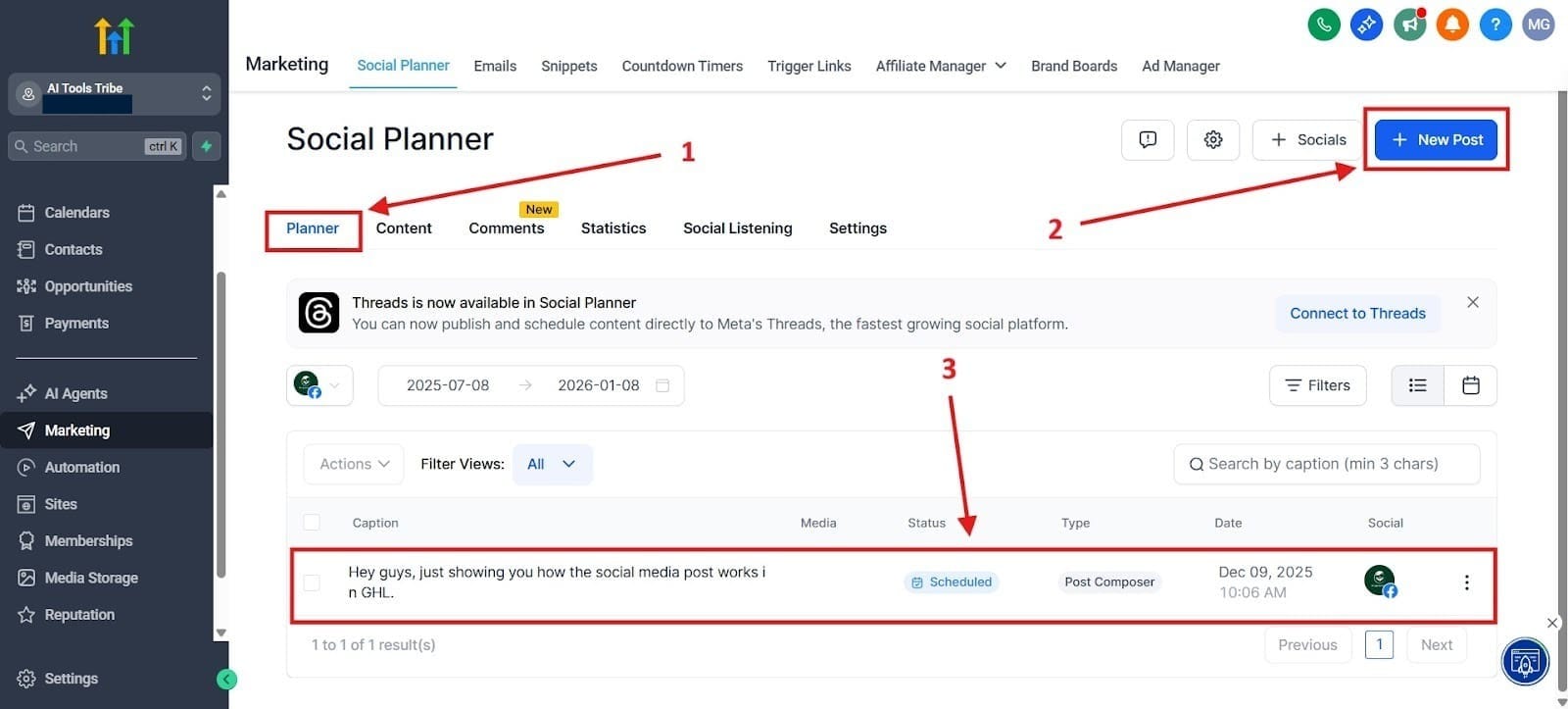 Use the image to see what the social planner looks like in GHL.