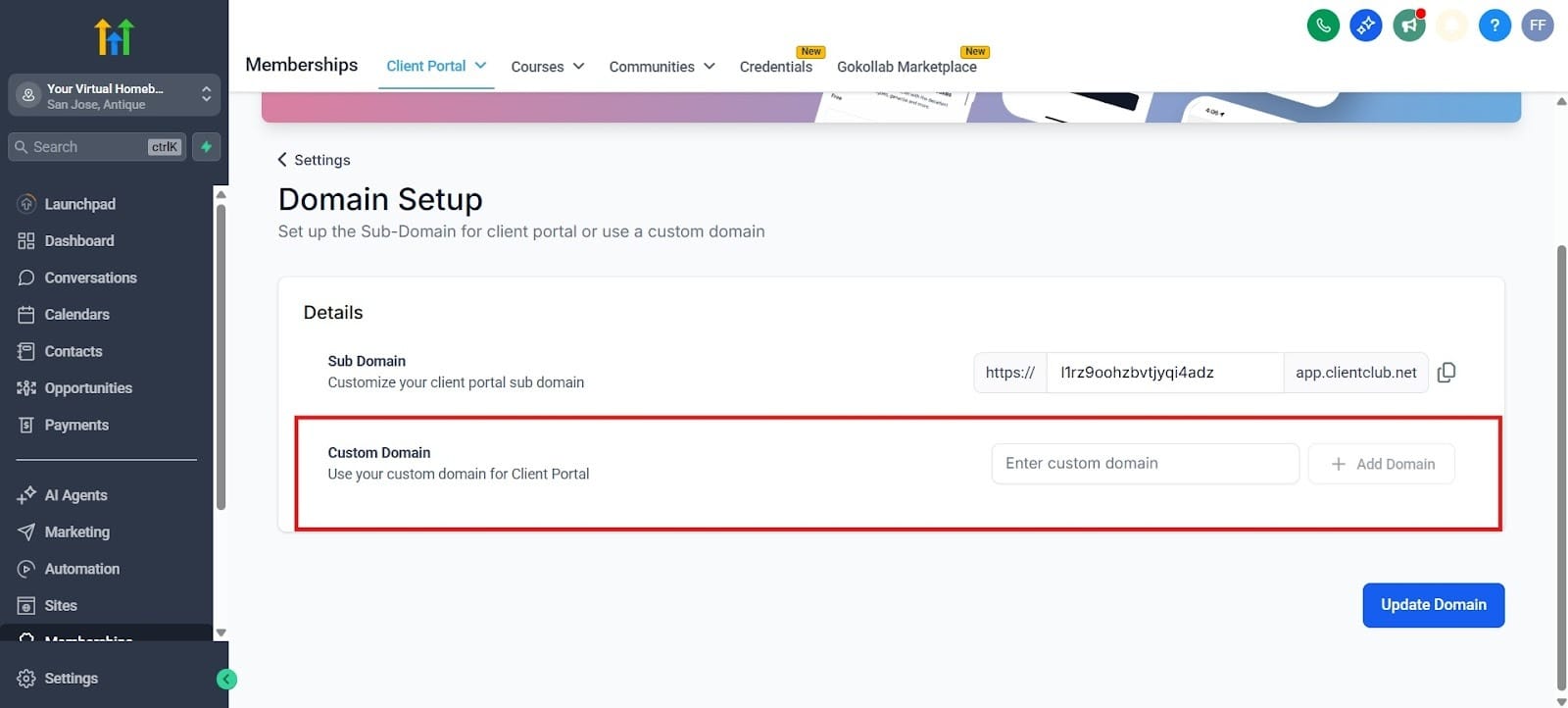 Go to this area in the Domain Setup to create your custom domain according to your branding.