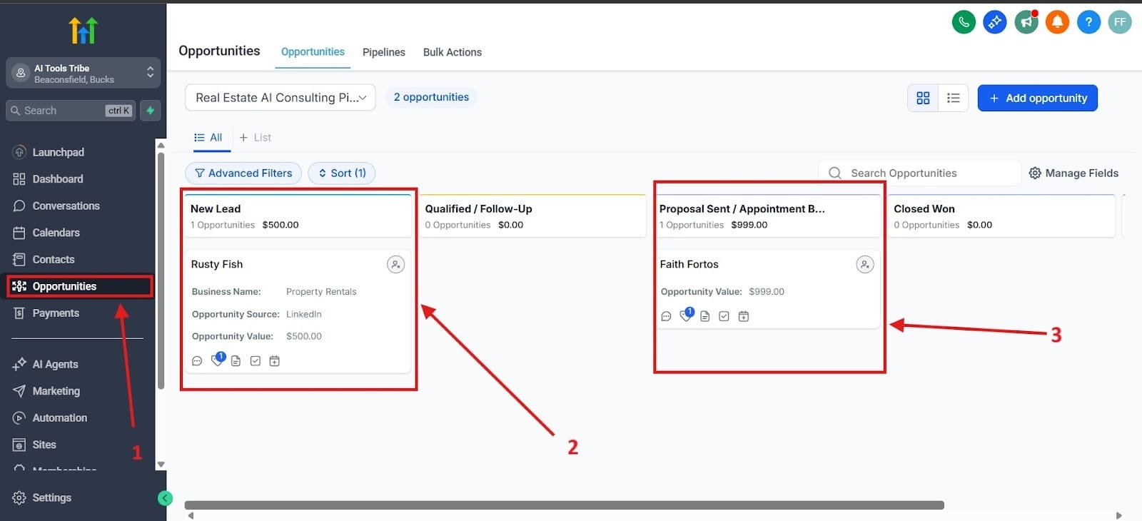 Here you see what a pipeline looks like in GHL.