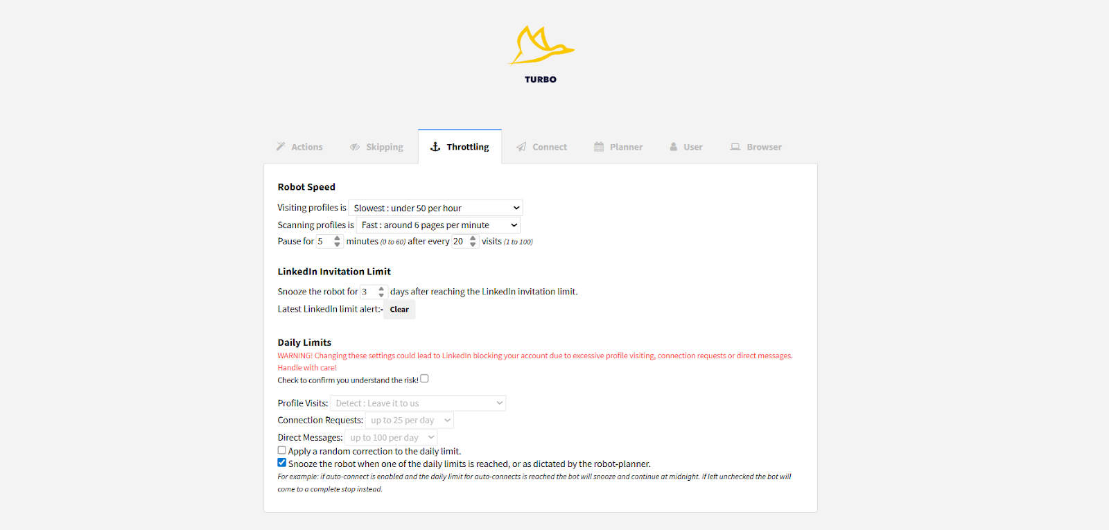 Dux-Soup Throttling tab with safe beginner limits.