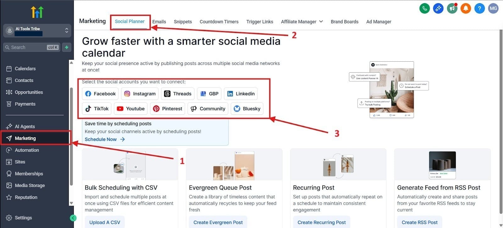 Here you see how to get to your social planner.