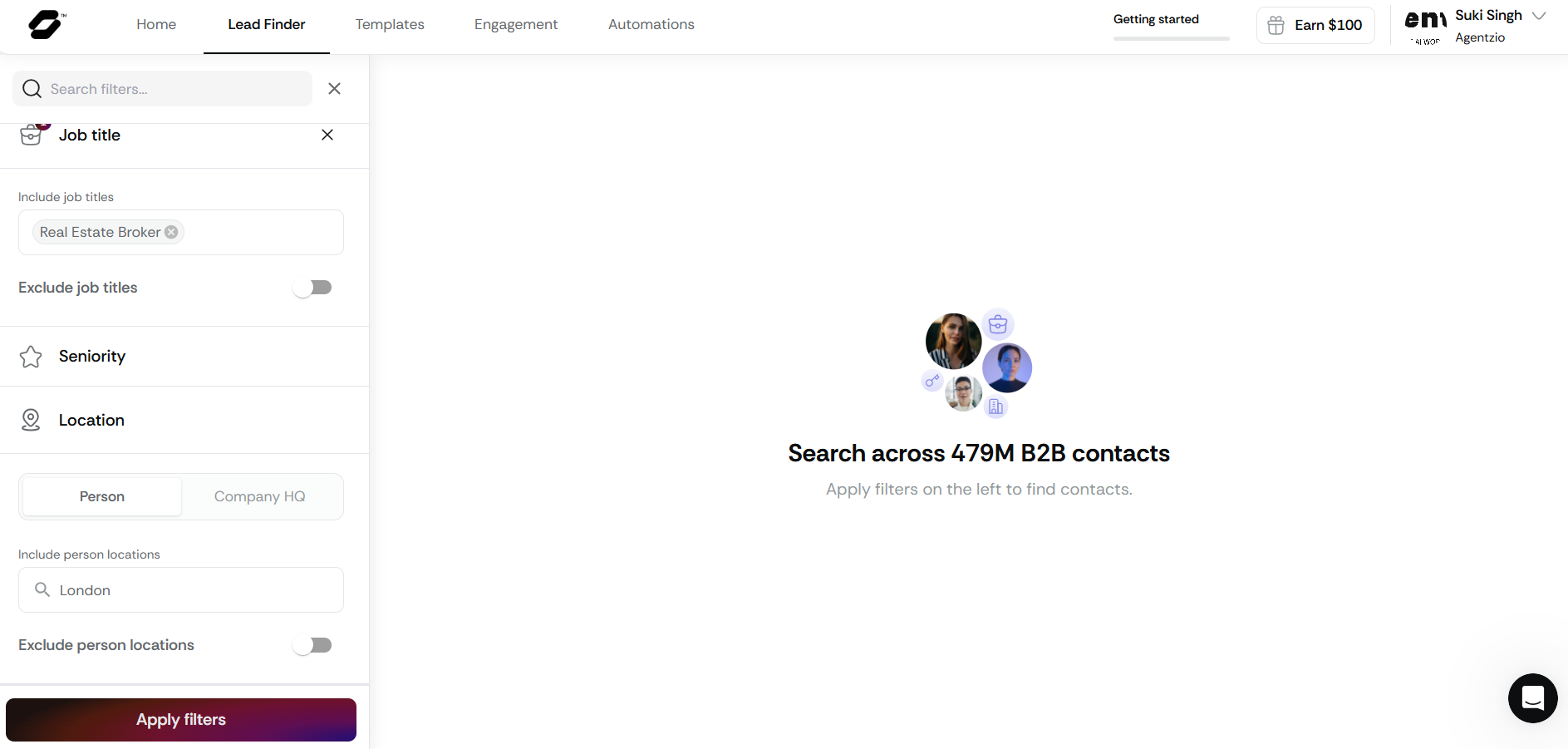 A view of the search filters in the Lead Finder, showing keywords like 'Job Title' and 'Location' being entered.