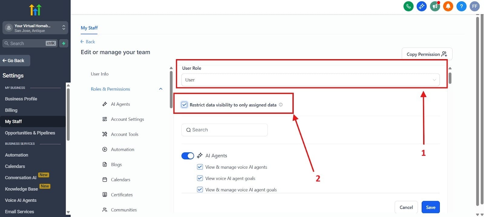 Use the image above to assign permissions and create restrictions.