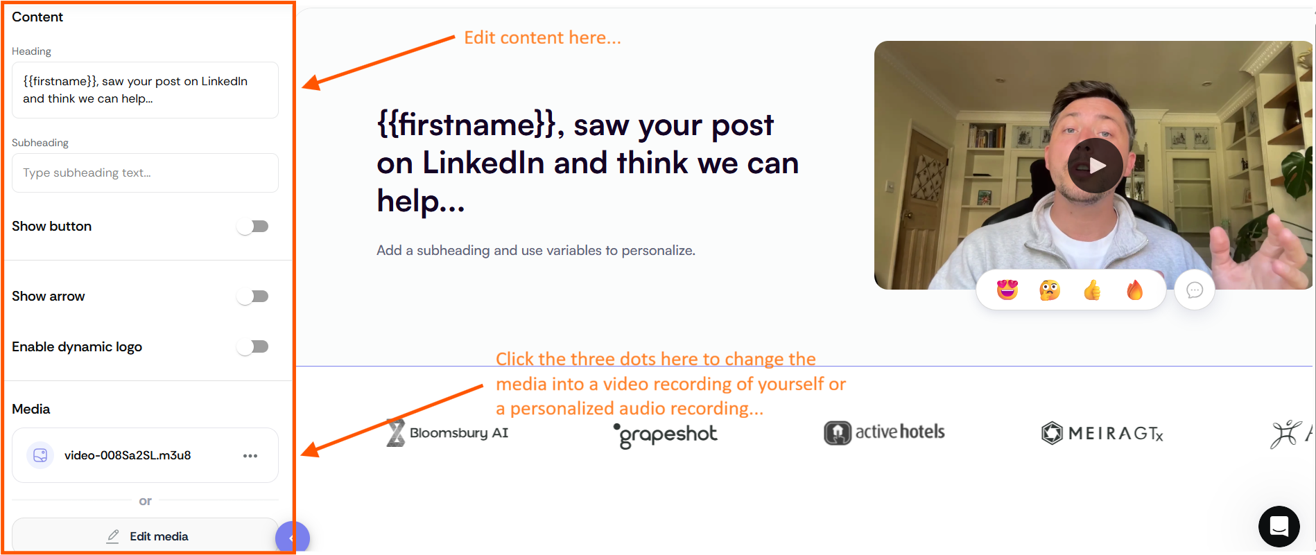 Sendr editor for customizing text and swapping personal video or audio
