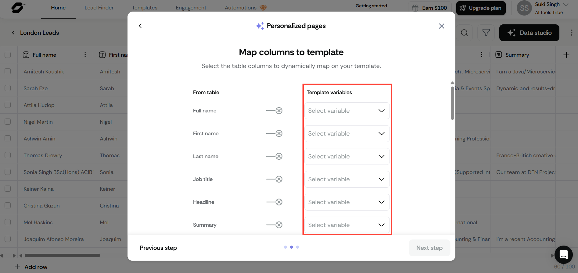 Sendr screen showing “Map columns to template,” where table fields like full name and job title are linked to template variables