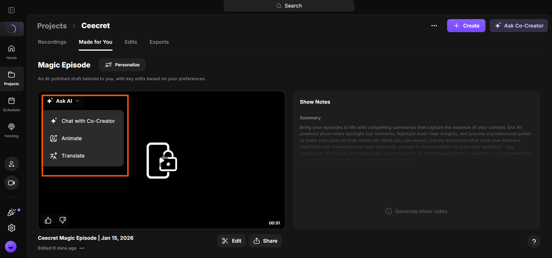 Riverside post-production dashboard showing AI Co-Creator options like chat, animate, and translate for editing recorded content.