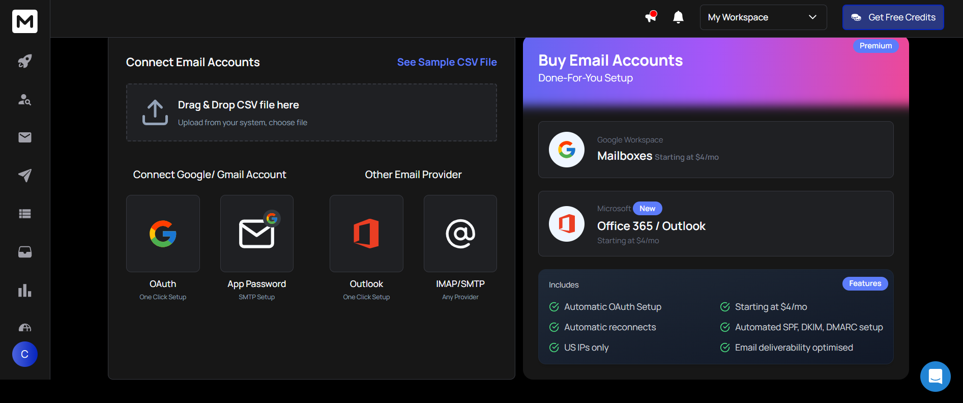 Email account connection screen for Gmail, Outlook, and SMTP setup.