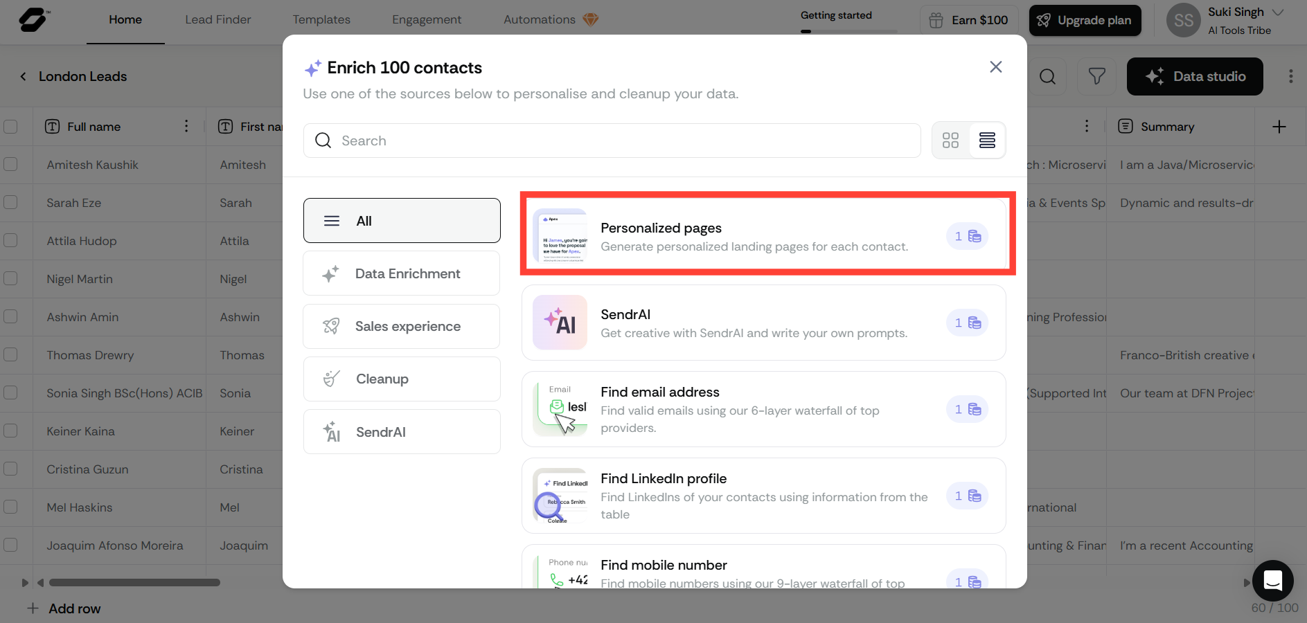 Sendr Data Studio popup showing options, with Personalized pages available for creating personalized content