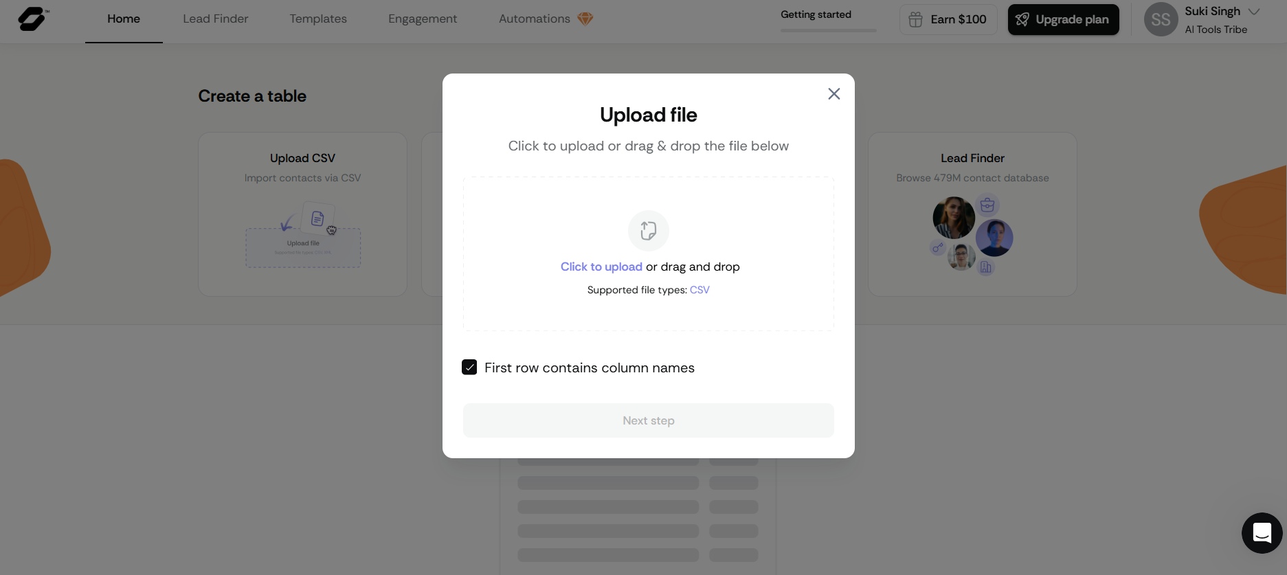 Sendr upload screen showing drag-and-drop CSV import option for adding existing contact lists