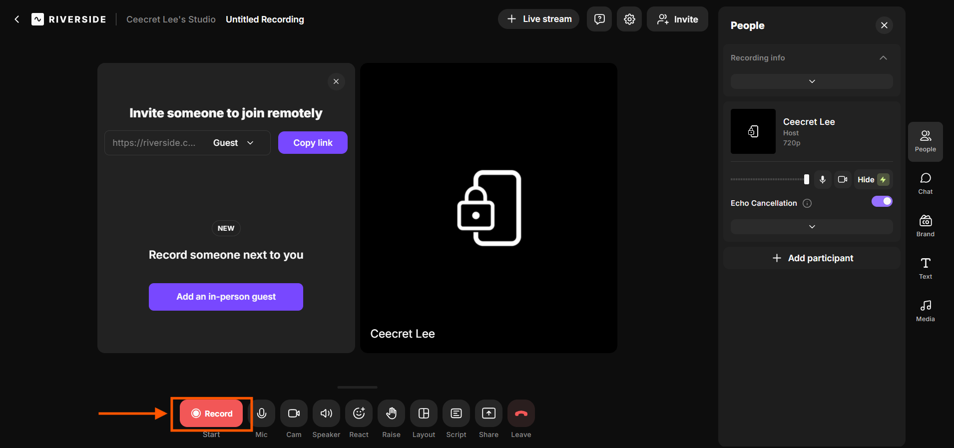 Riverside recording studio interface highlighting the red “Record” button to start audio and video recording.