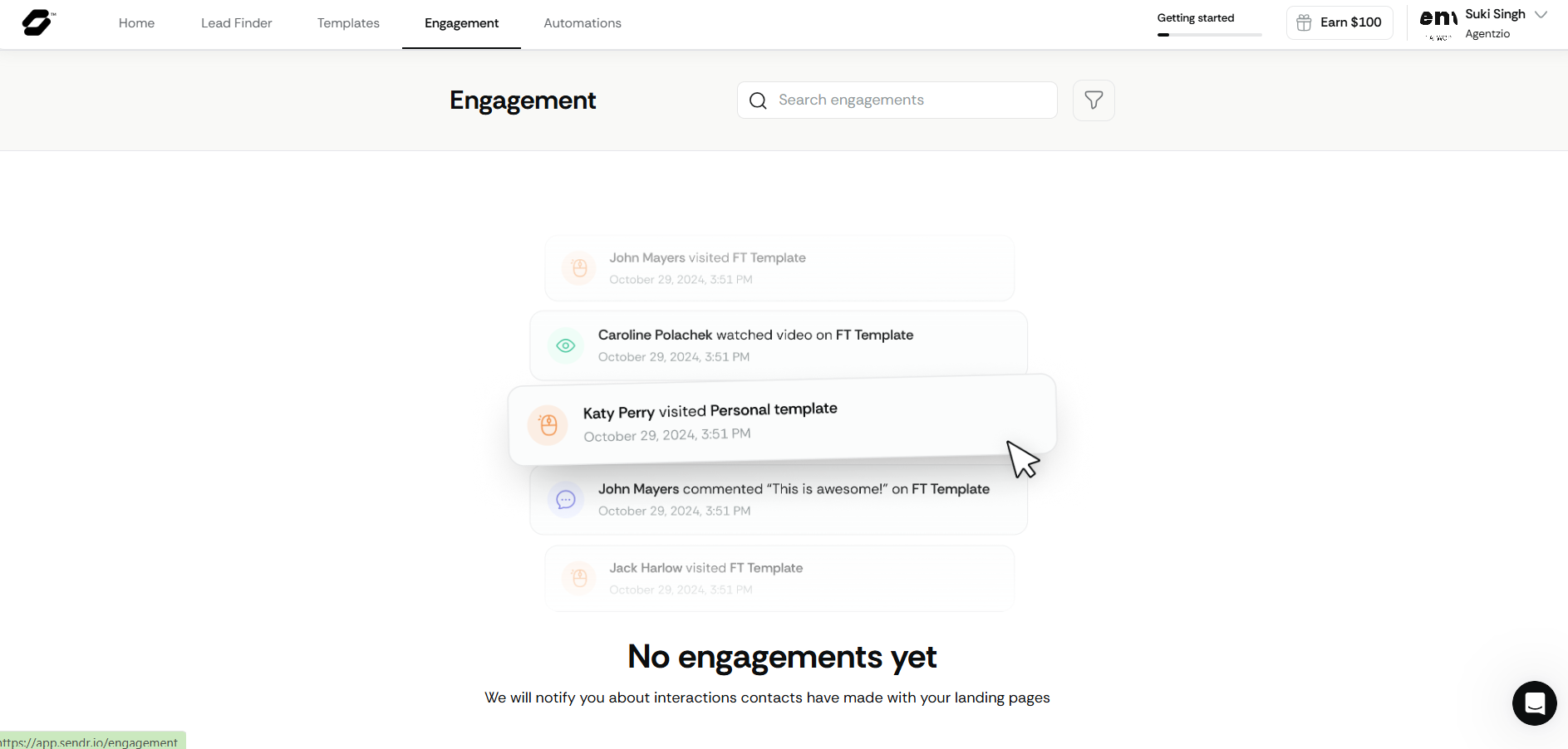 Sendr engagement dashboard showing activity list of contacts who opened messages and watched personalized videos