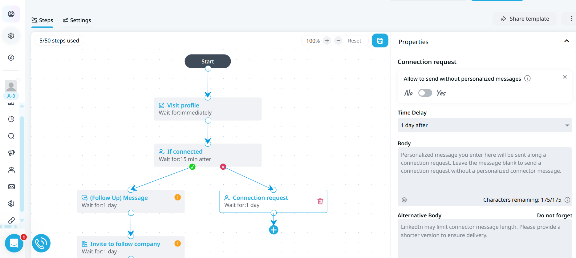 Expandi flowchart-style sequence with connection and message steps.
