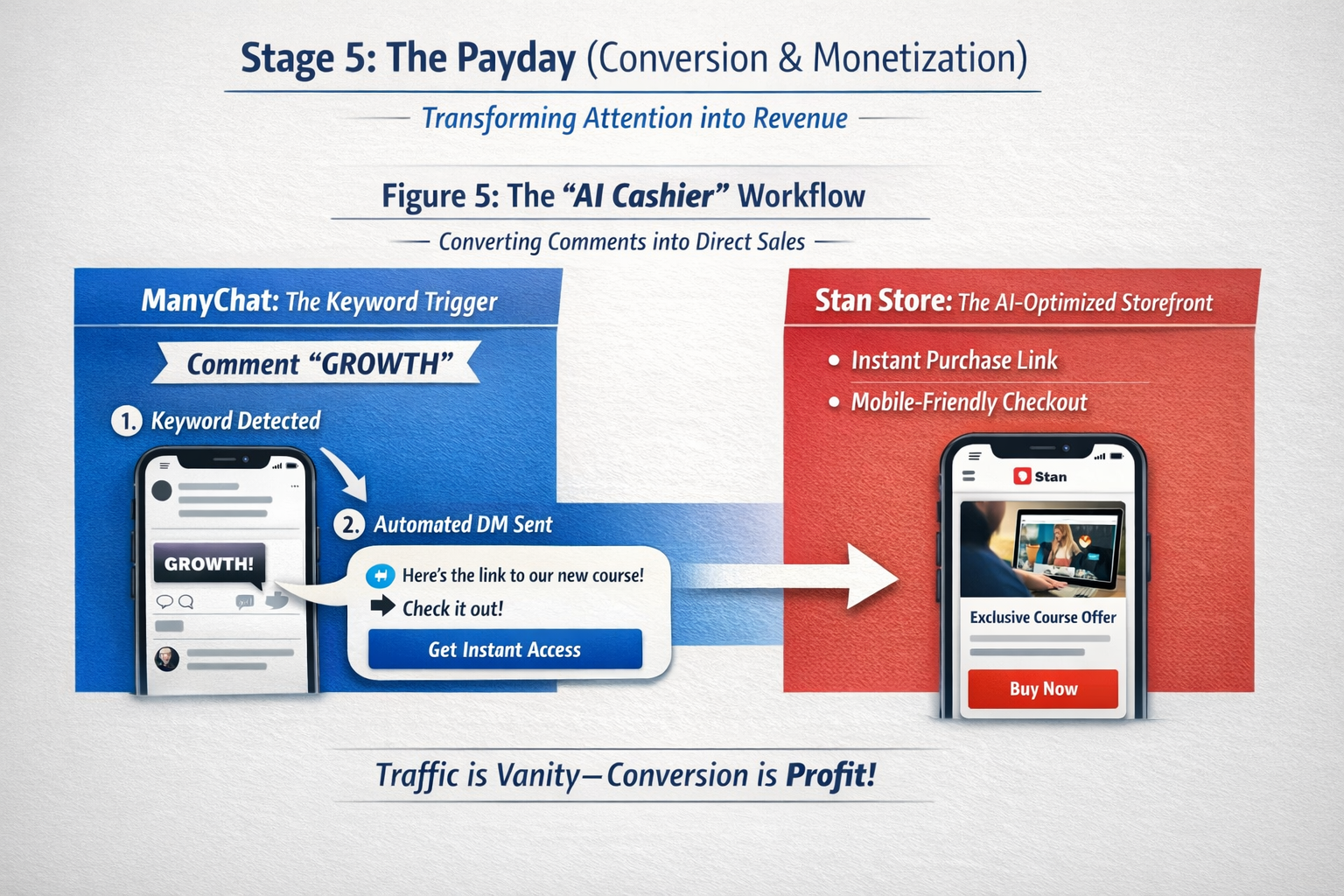 Diagram illustrating how ManyChat captures and nurtures leads through automated messages, then directs them to Stan Store to convert traffic into paid products or services.