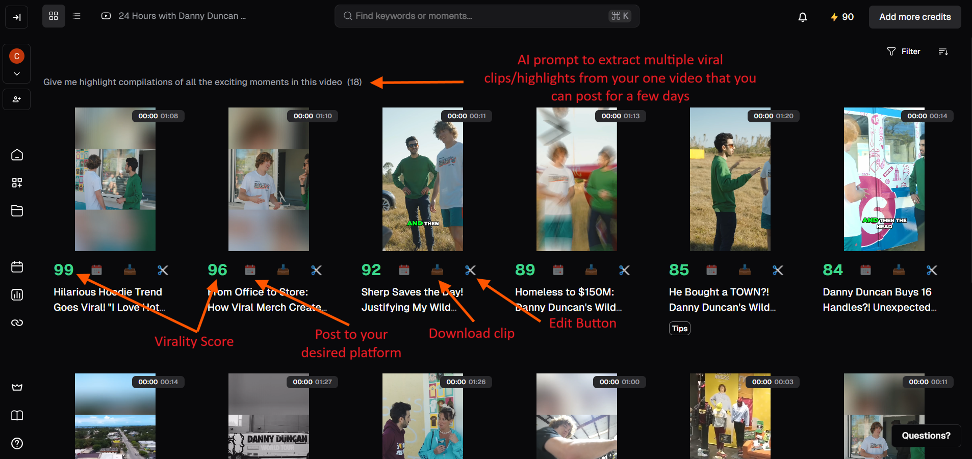 Screenshot of generated clips from one video with virality scores.