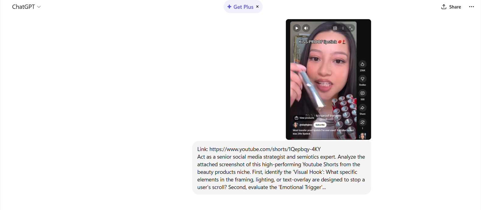 ChatGPT interface showing an uploaded screenshot of a YouTube Shorts lipstick video with a prompt requesting performance analysis.