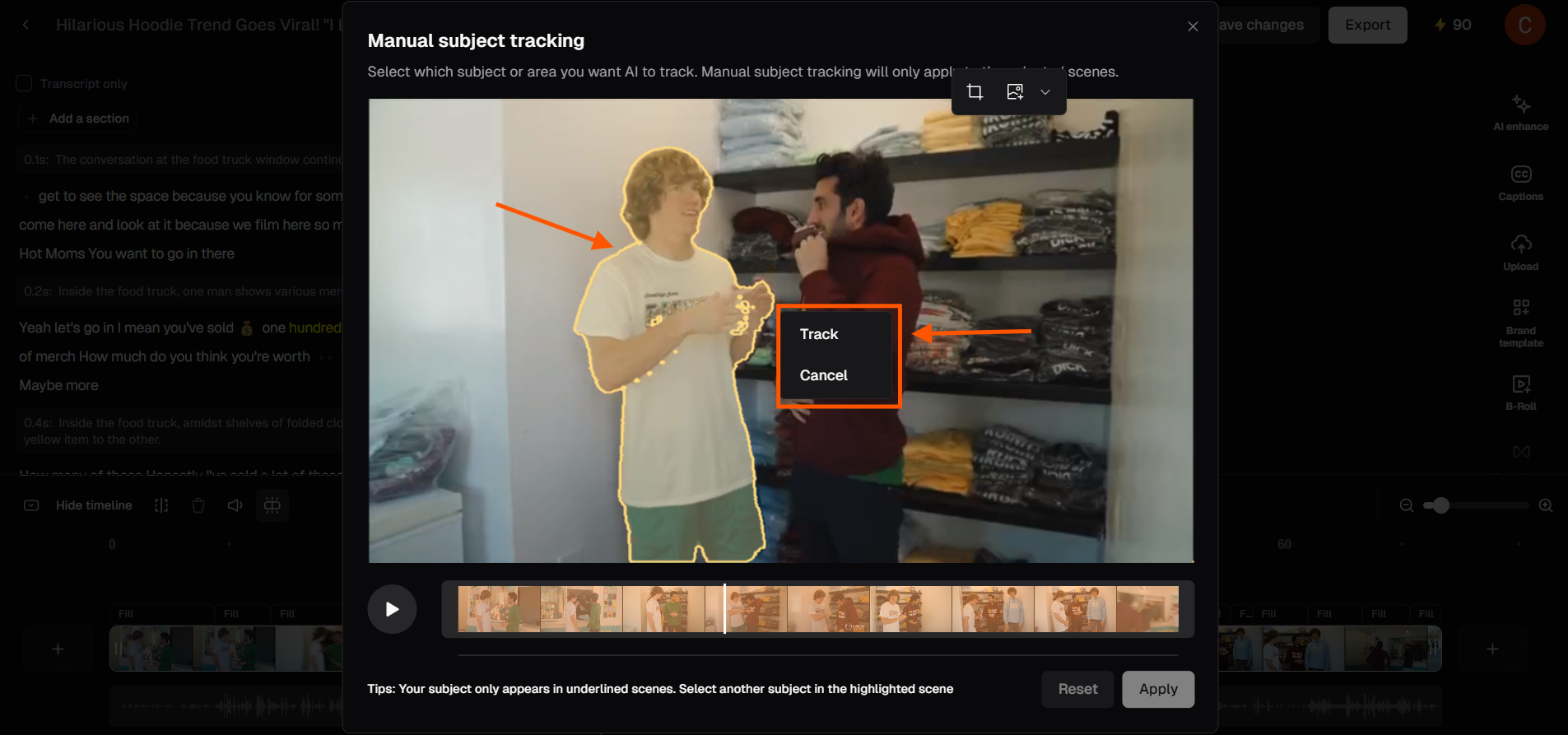 **Improved Alt Text:** Screenshot showing a subject manually selected for tracking, with AI set to follow the marked subject throughout the clip.