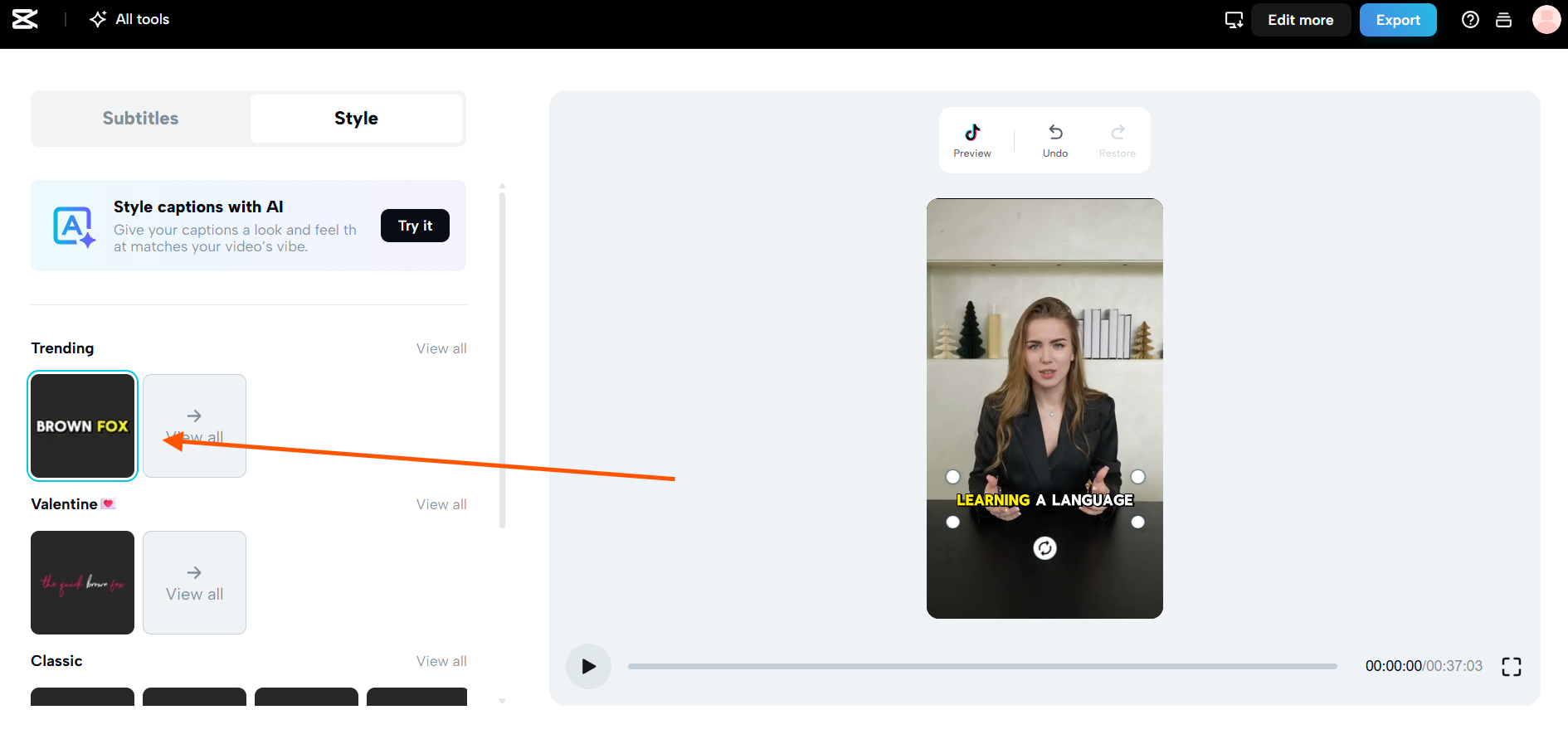 Screenshot of CapCut's Caption Editor with arrow pointing to the Trending caption style.