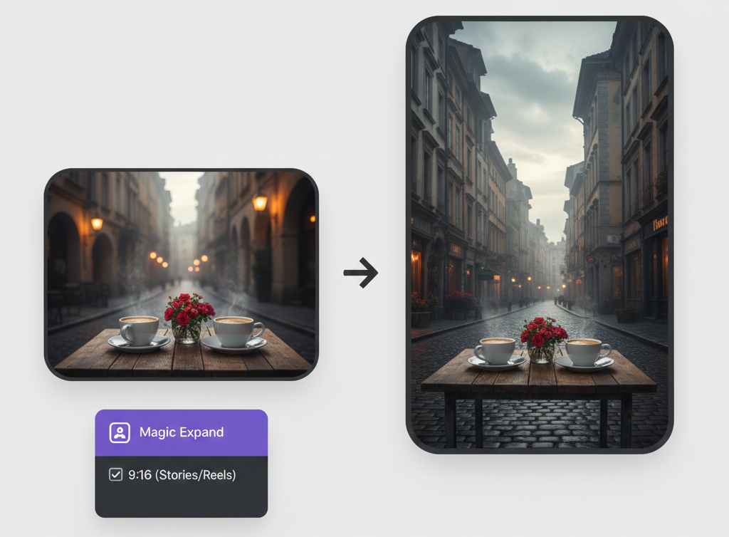 Side-by-side comparison of a 4:3 landscape café photo expanded into a vertical 9:16 cinematic Instagram Reel using AI.
