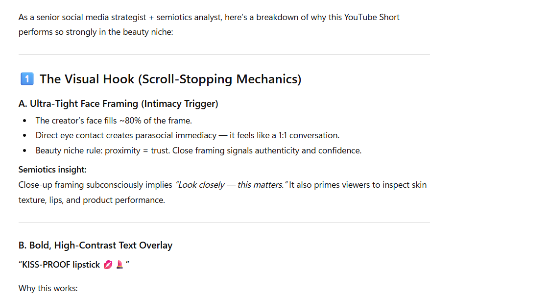 Screenshot analyzing a beauty YouTube Short’s success, focusing on close-up framing and bold “KISS-PROOF lipstick” text.