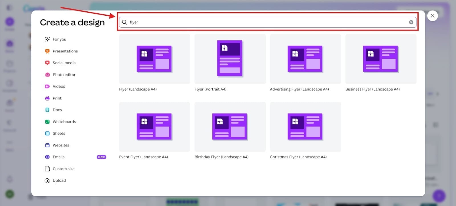 Canva interface with the “Create a design” menu open and “Flyer” searched, showing multiple flyer templates for real estate marketing.