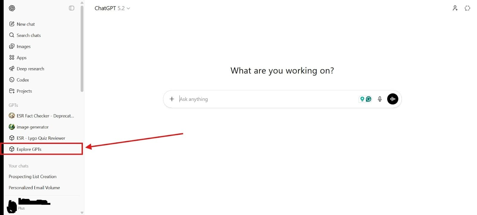 ChatGPT interface displaying the “Explore GPTs” area with access to GPT Builder for creating a custom AI assistant.