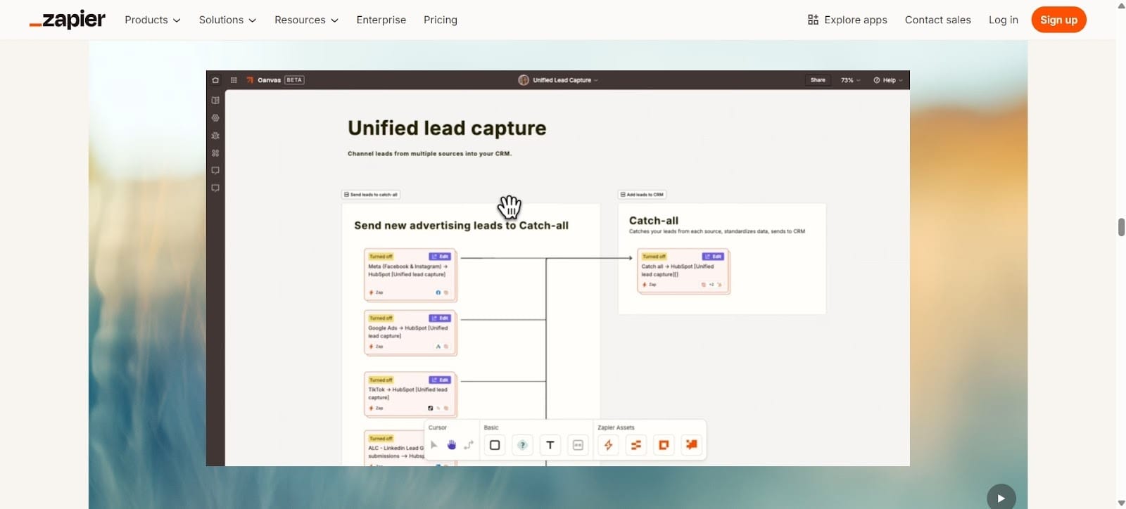Diagram showing leads flowing automatically from a website form to CRMs like Salesforce, HubSpot, and Pipedrive.