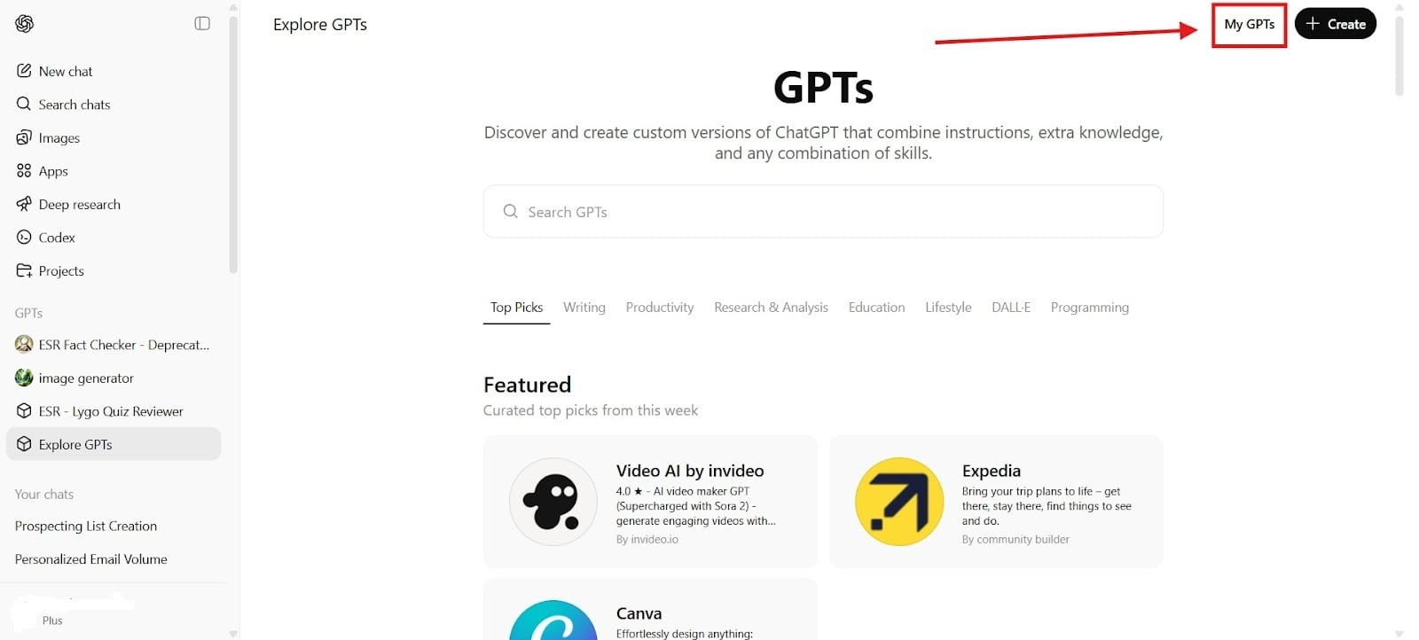Screenshot of the ChatGPT interface showing the “My GPTs” option highlighted in the top-right corner.