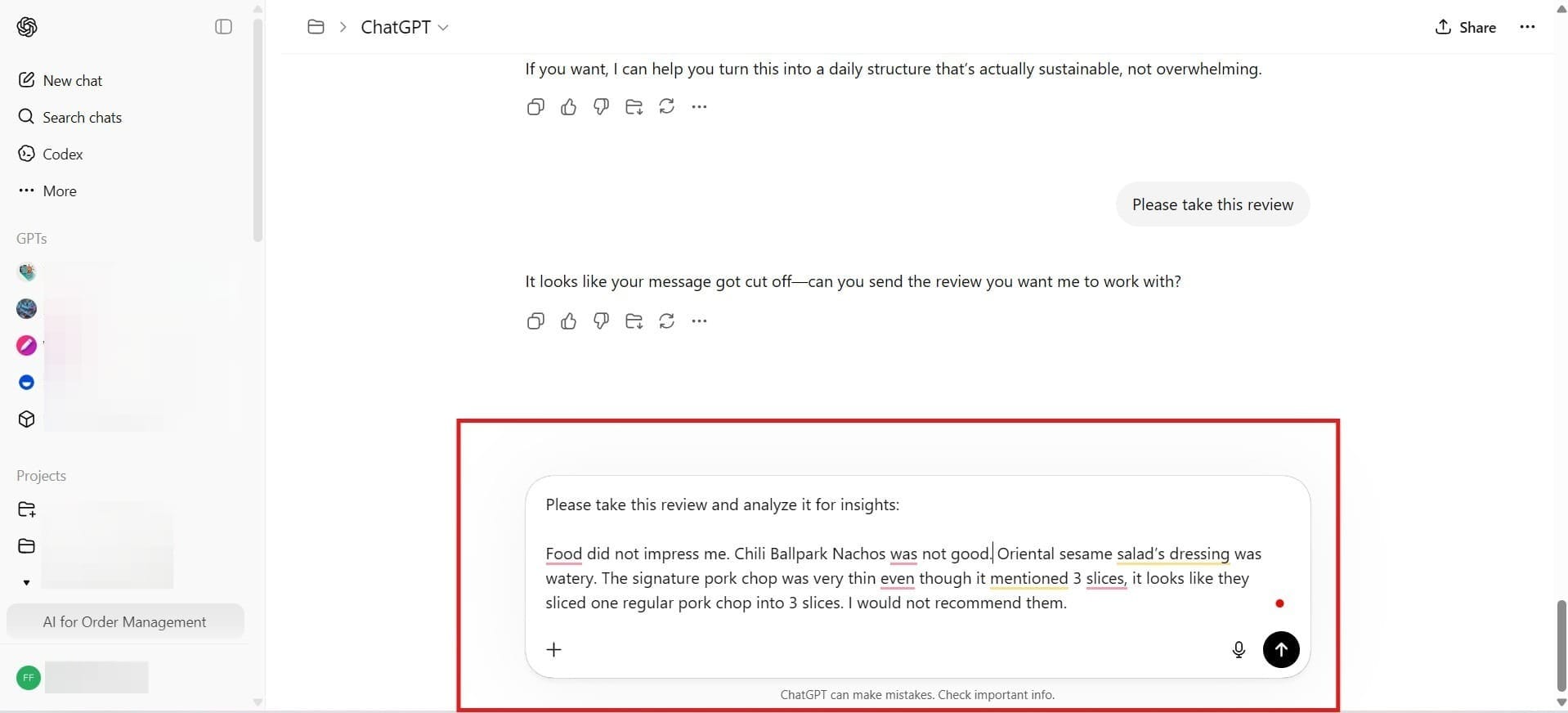 ChatGPT prompt asking to analyze customer reviews for insights.