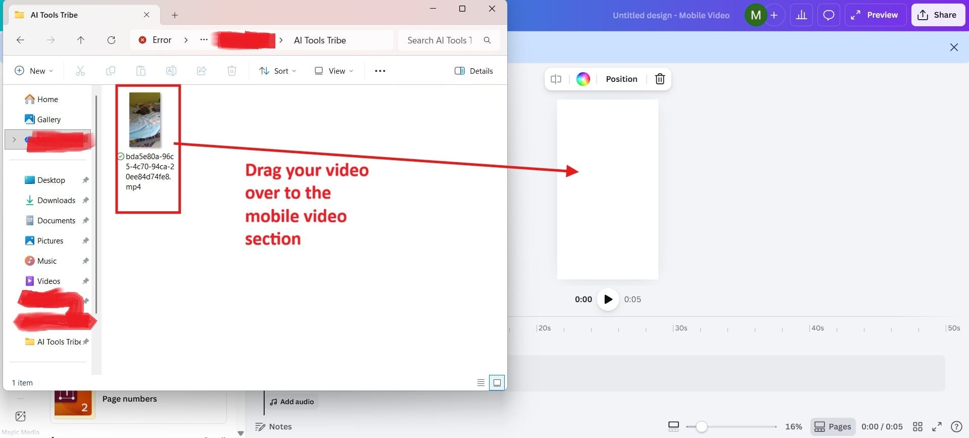 Drag-and-drop video upload into Canva’s Uploads tab.