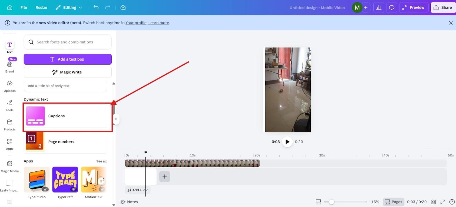 Canva’s interface showing the Text menu on the top left, and Dynamic Text option highlighted in the red box.