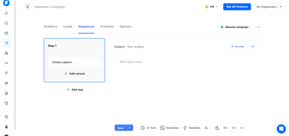 Instantly AI sequence builder showing steps for initial and follow-up emails.