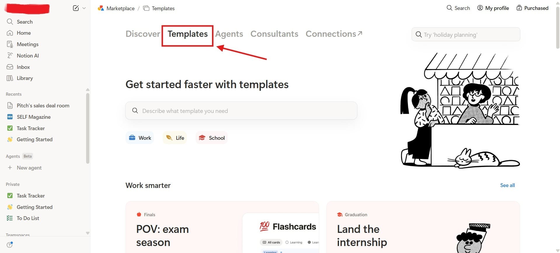 Notion search showing “Template” results and page selection.