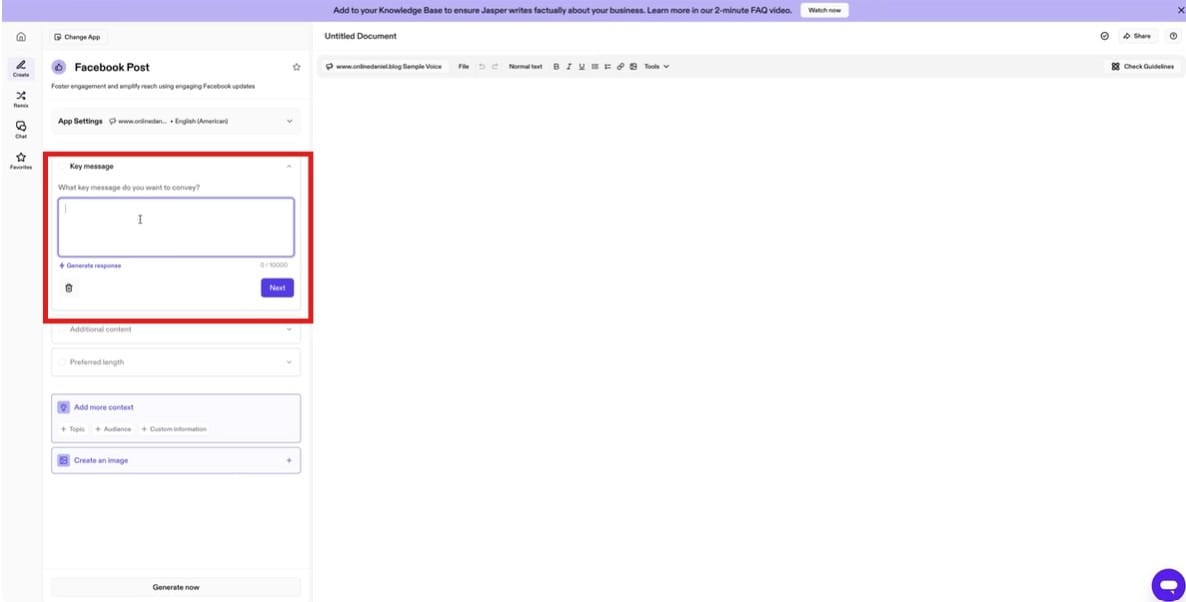 Jasper AI screen showing key message input field highlighted.