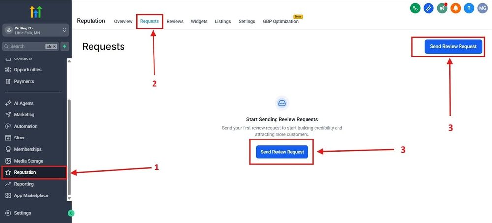 Sidebar showing Reputation and review request options.
