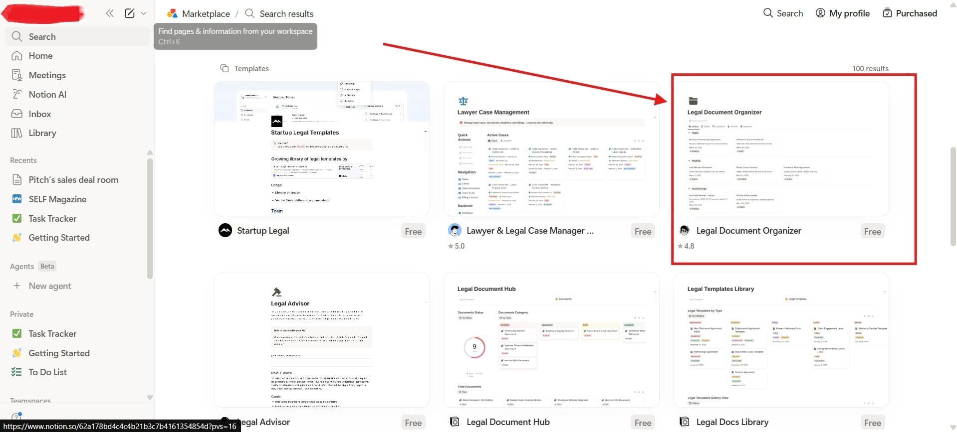 Template search bar with “Legal” entered.