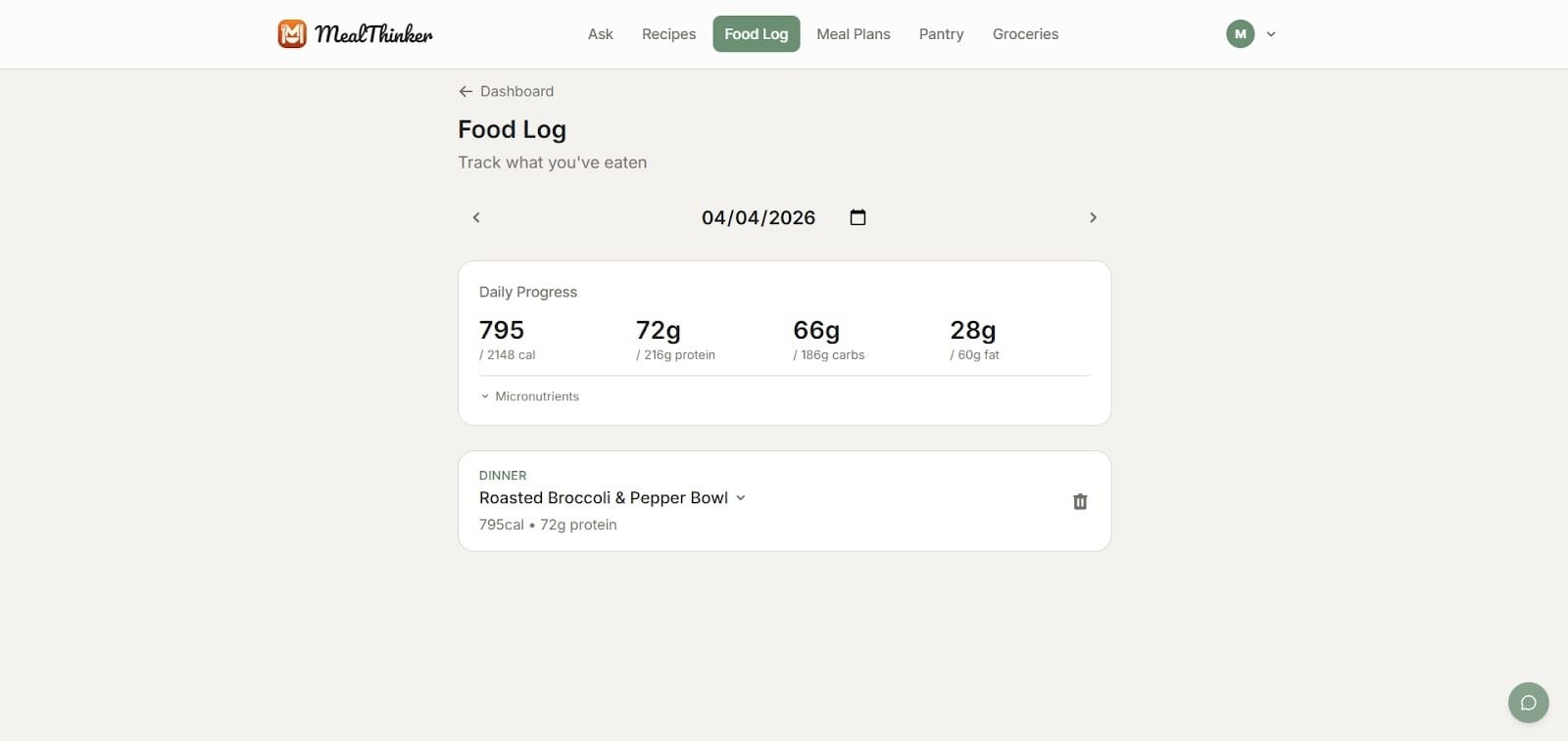 Screenshot of a food tracking app showing a logged meal and a daily summary of nutritional data, including calories, protein, carbohydrates, and fats.