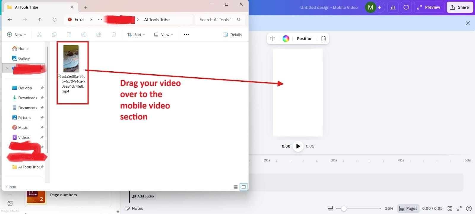 Canva’s interface showing a video being uploaded either by drag-and-drop or through the Uploads tab.